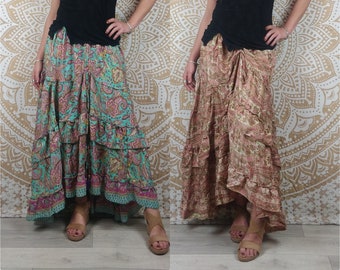 Jeerna long skirt in Indian silk. Adjustable boho skirt. Blue and pink paisley print with gold inserts / pink with gold inserts.