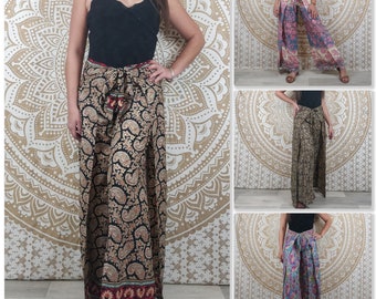Moyana women's Thai pants in Indian silk. Boho wrap pants. Black, red, orange, gold paisley print / floral / black paisley