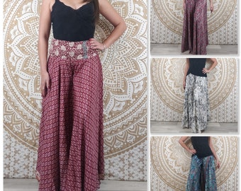 Korba pants in Indian silk. Skirt pants. Red and white floral print / white / blue / red and gray paisley.