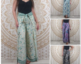 Pantalón tailandés de mujer Moyana en seda india. Pantalones cruzados boho. Estampado verde, blanco y dorado / floral negro / paisley morado / azul