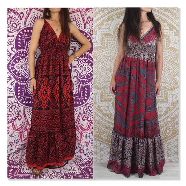 Robe longue Agali en soie indienne. Maxi robe boho avec fines bretelles. Imprimé noir / vert / rose.