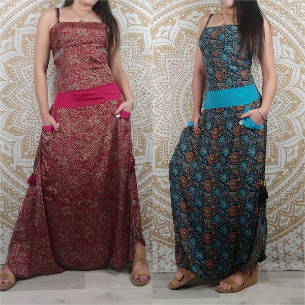 Combinaison femme Mumbai en soie indienne. Combi sarouel ajustable avec poches. Imprimé fleurs noir, bleu et orange / paisley rouge.