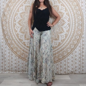 Sirohi women's pants in Indian silk. Skirt pants. Blue and white paisley print with gold inserts.