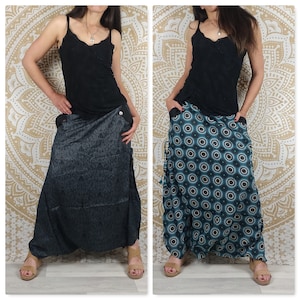 Cotton Haria pants. Harem pants / Adjustable skirt pants with pockets. Turquois geometric print / dark gray, black feathers. image 1