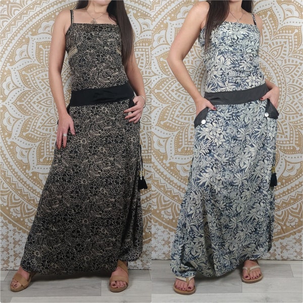 Combinaison femme Mumbai en soie indienne. Combi sarouel ajustable avec poches. Imprimé fleurs gris, blanc et noir / fleuri noir.