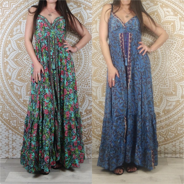 Long Sareya dress in Indian silk. Fit and flare boho maxi dress. Green and pink / purple and blue floral print.
