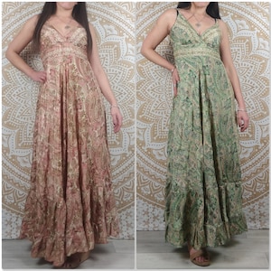 Itara long dress in Indian silk. Maxi boho flared dress with straps. Green or pink paisley print with gold inserts / black floral
