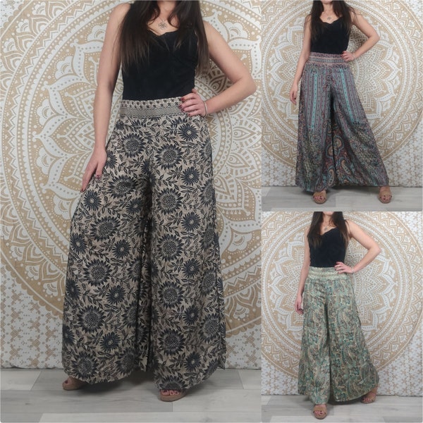 Pantalon femme Ajeeta en soie indienne. Pantalon boho ample, coupe droite. Imprimé paisley fleuri noir  / paisley bleu et or / violet