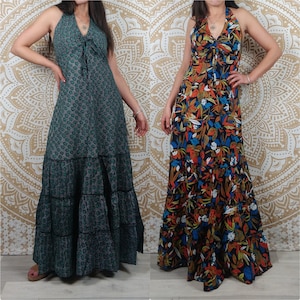 Ludhiana cotton maxi dress. Flared halter boho dress. Black, orange, blue, brown and white floral print.