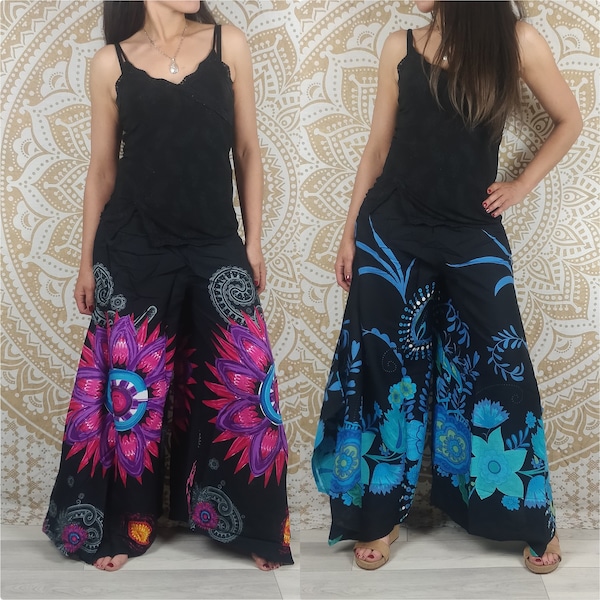 Pantalon Pokhara. Pantalon palazzo ethnique chic. Imprimé fleuri bleu et noir / mandala violet.