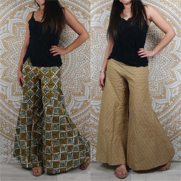 Jebra cotton pants. Loose, flared cut, bell bottom. Khaki, white and brown / beige, black and blue geometric print.