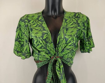 Andah top in Indian silk. Boho crop top / bolero with short sleeves. Green floral print / green paisley / purple paisley, pink / black