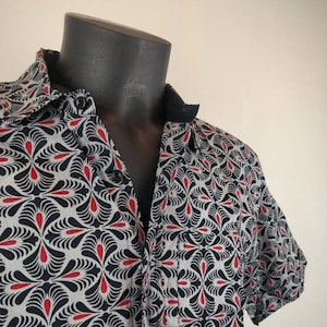 Ribhu men's short-sleeved shirt. Cotton shirt. Gray, black and red ethnic patterns.