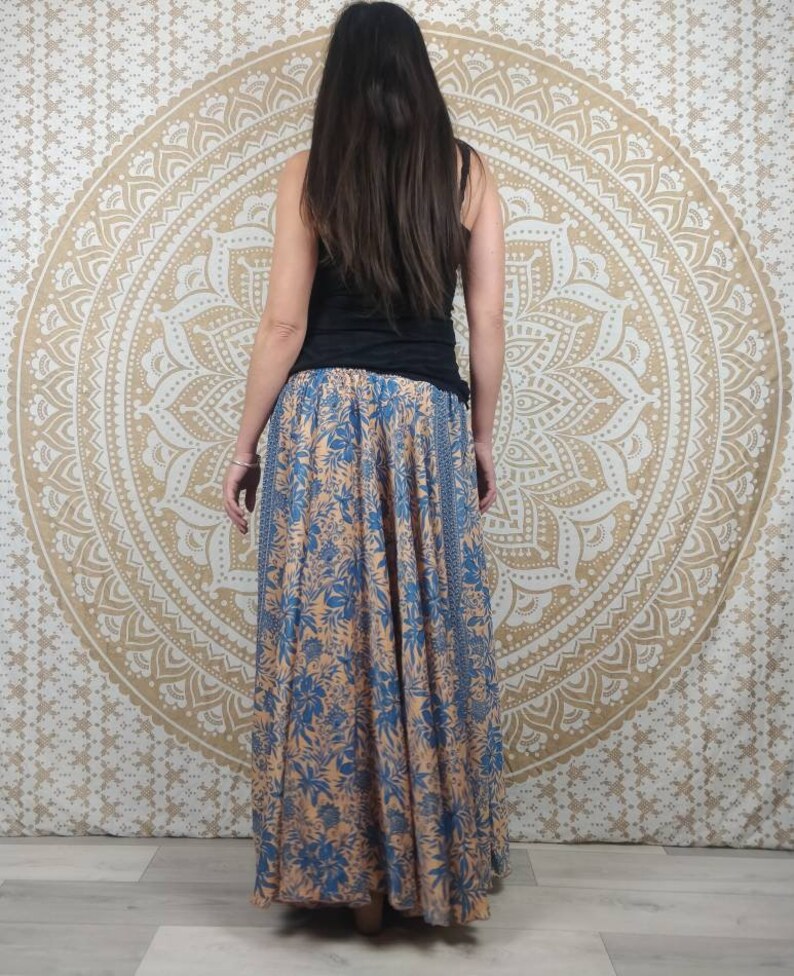 Nishana long skirt in Indian silk. Maxi flared boho skirt. Blue and orange floral print / black and red / brown and green paisley. image 4