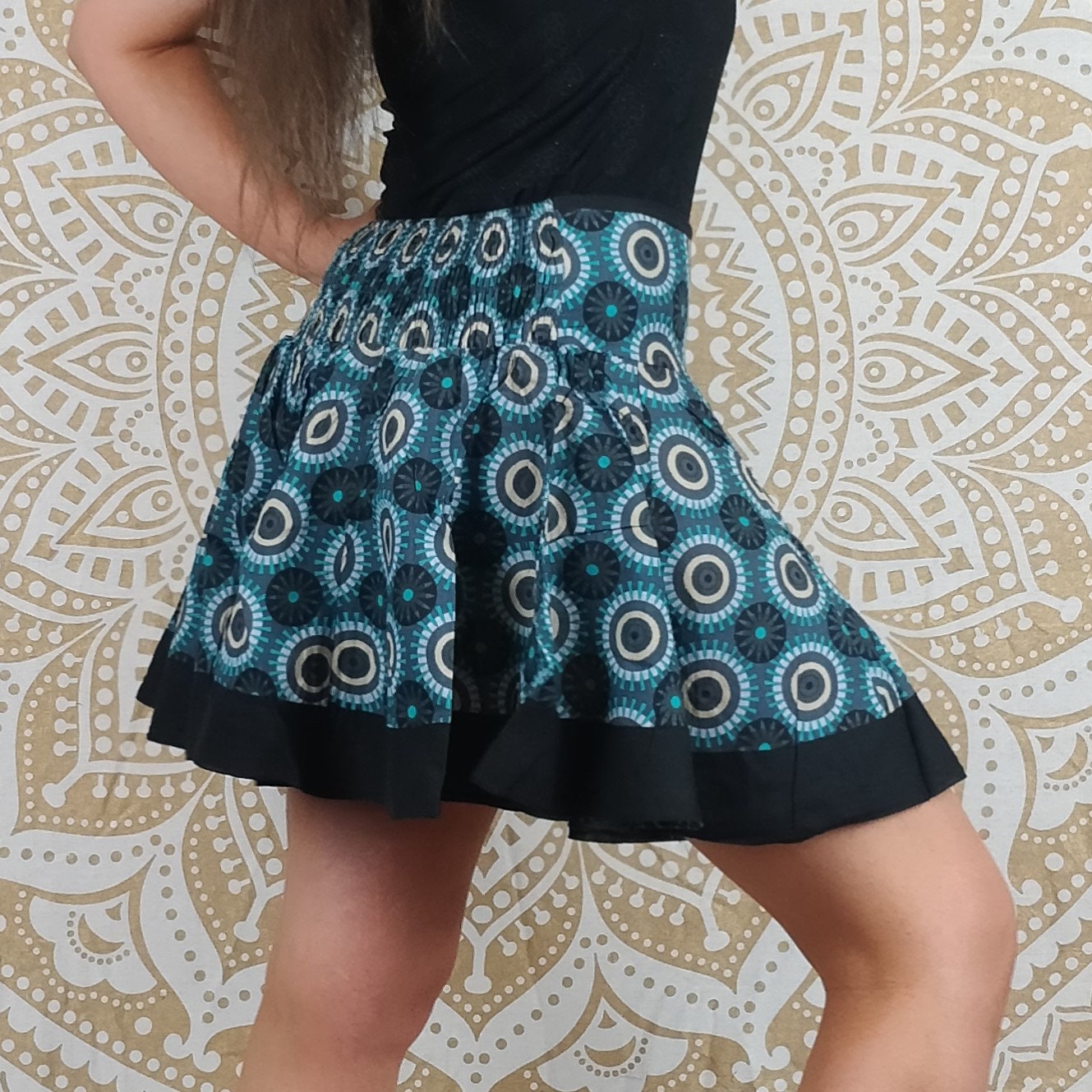 Bahli short cotton skirt. Accordion skirt. Turquoise geometric print. Unique skirt. Indian fabrics. Boho. Gift for women.