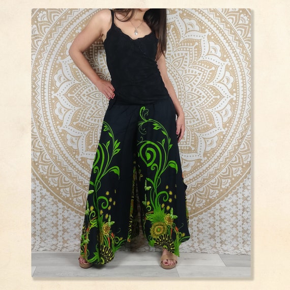Pokhara Pants. Chic Ethnic Palazzo Pants. Green and Black