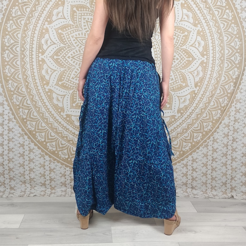 Cotton Haria pants. Harem pants / Adjustable skirt pants with pockets. Green/blue/black and red geometric print. image 8