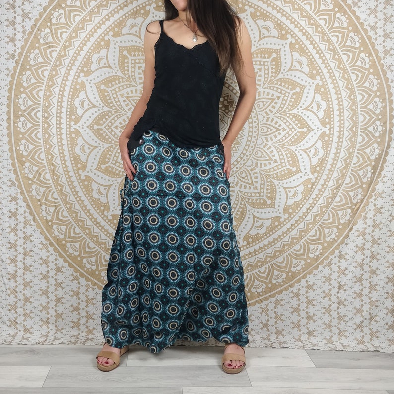 Cotton Haria pants. Harem pants / Adjustable skirt pants with pockets. Turquois geometric print / dark gray, black feathers. image 8