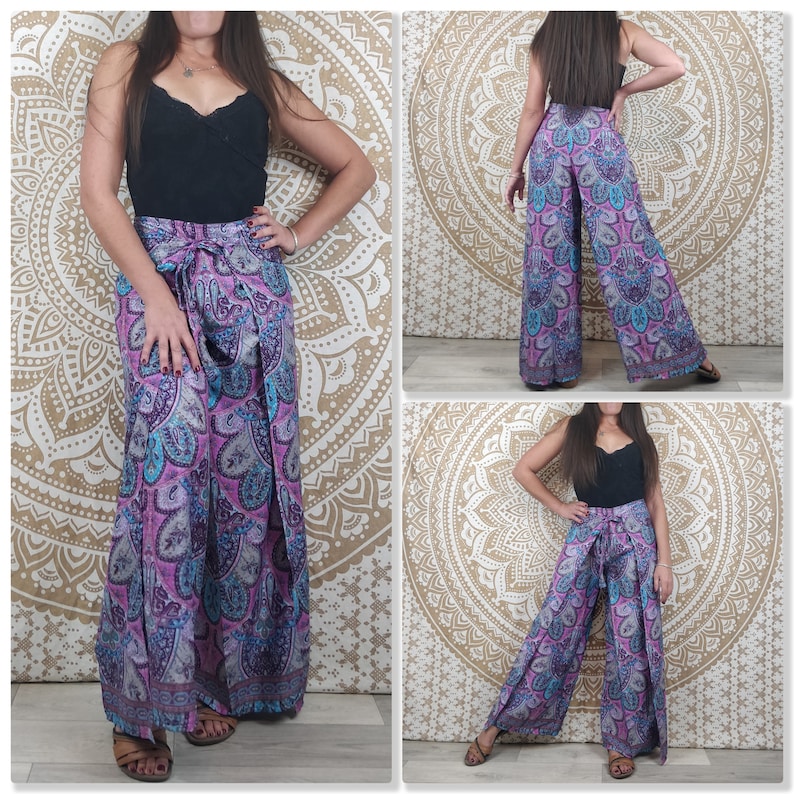 Moyana women's Thai pants in Indian silk. Boho wrap pants. Green, white and gold print / black floral / purple paisley / blue image 5