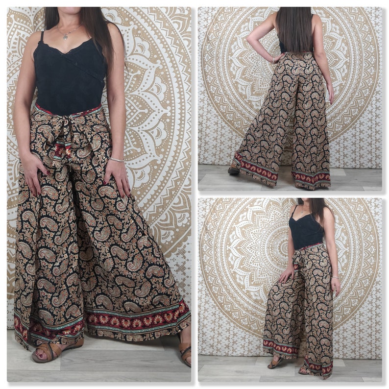 Pantalon thaï femme Moyana en soie indienne. Pantalon portefeuille bohème. Imprimé paisley noir, rouge, orange, or / fleuri / paisley noir image 3