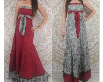 Two-tone Morena long dress in cotton. Strapless boho chic dress in gray / orange and red color.