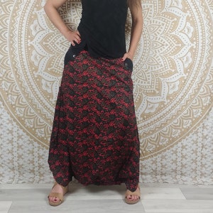 Cotton Haria pants. Harem pants / Adjustable skirt pants with pockets. Green/blue/black and red geometric print. image 3