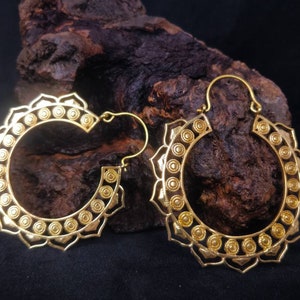 Boho Mandala Creoles. Large ethnic brass/silver plated brass earrings.