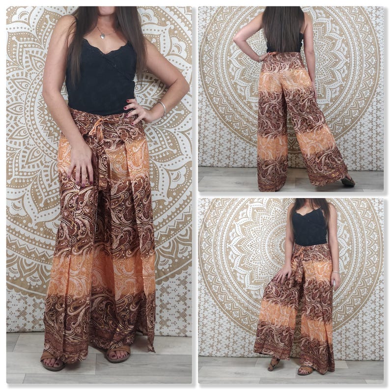 Moyana Thaise damesbroek van Indiase zijde. Boho wikkelbroek. Groen, wit en gouden print / zwarte bloemen / paarse paisley / blauw. Marron et or