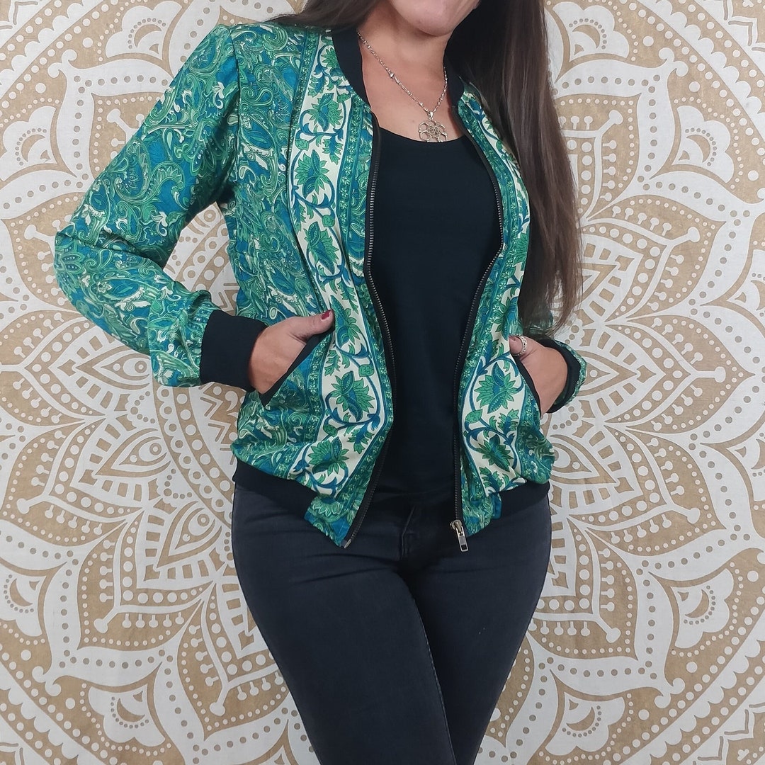 Narayan Bomber Jacket in Indian Green and White Paisley