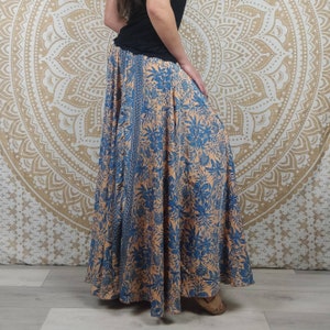 Nishana long skirt in Indian silk. Maxi flared boho skirt. Blue and orange floral print / black and red / brown and green paisley. image 7