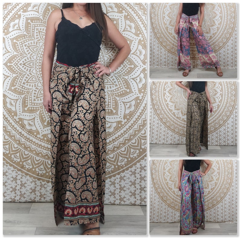 Pantalon thaï femme Moyana en soie indienne. Pantalon portefeuille bohème. Imprimé paisley noir, rouge, orange, or / fleuri / paisley noir image 1