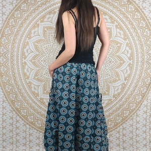 Cotton Haria pants. Harem pants / Adjustable skirt pants with pockets. Turquois geometric print / dark gray, black feathers. image 4