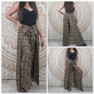 Moyana Thaise damesbroek van Indiase zijde. Boho wikkelbroek. Groen, wit en gouden print / zwarte bloemen / paarse paisley / blauw. Paisley noir
