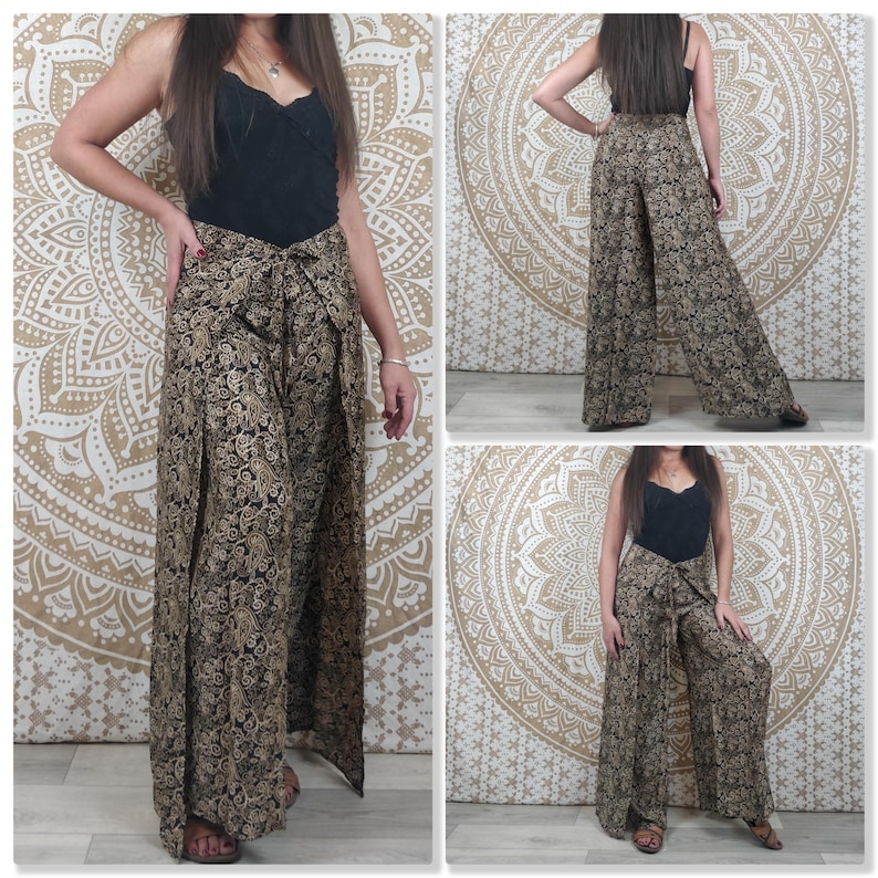 Moyana Thaise damesbroek van Indiase zijde. Boho wikkelbroek. Groen, wit en gouden print / zwarte bloemen / paarse paisley / blauw. Paisley noir