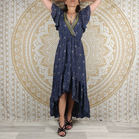asymmetrical indian dress Lisana maxi in silk. Elegant and flowing boho dress. Blue/red and brown floral/brown and green print One shoulder