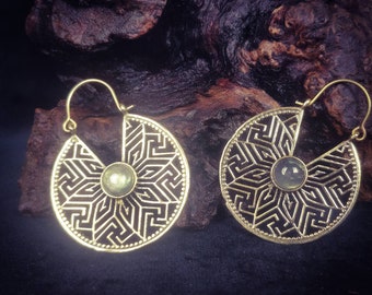 Boho mandala earrings. Boho hoop earrings with brass semi-precious stones.