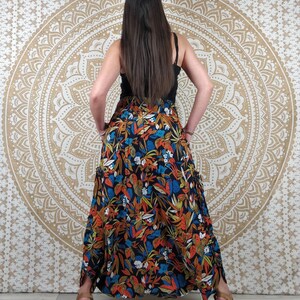 Cotton Haria pants. Harem pants / Adjustable skirt pants with pockets. Black, orange and blue foliage print. image 3