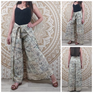 Moyana Damen-Thaihose aus indischer Seide. Boho-Wickelhose. Blauer Paisley-Druck / schwarzes und rotes Blumenmuster / Braun und Weiß. Bild 9