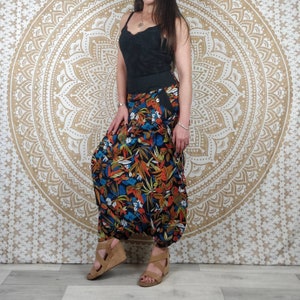 Cotton Haria pants. Harem pants / Adjustable skirt pants with pockets. Black, orange and blue foliage print. image 4