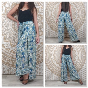 Pantalon thaï femme Moyana en soie indienne. Pantalon portefeuille bohème. Imprimé vert, blanc et or / fleuri noir / paisley violet / bleu Bleu et blanc