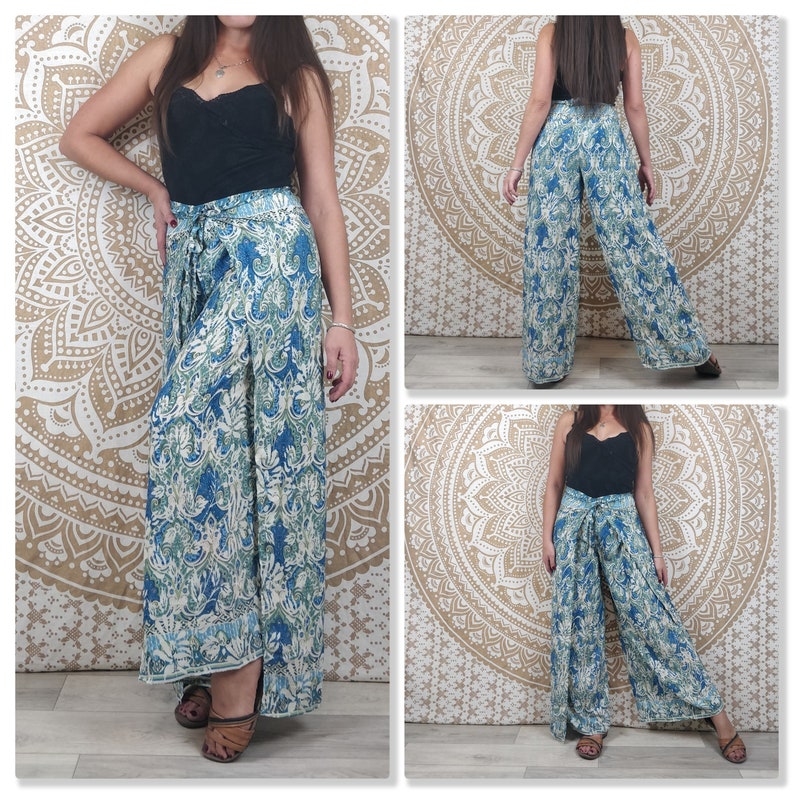 Moyana women's Thai pants in Indian silk. Boho wrap pants. Green, white and gold print / black floral / purple paisley / blue Bleu et blanc