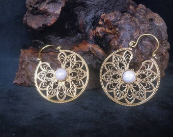 Mandala earrings. Brass boho earrings with semi-precious stones.