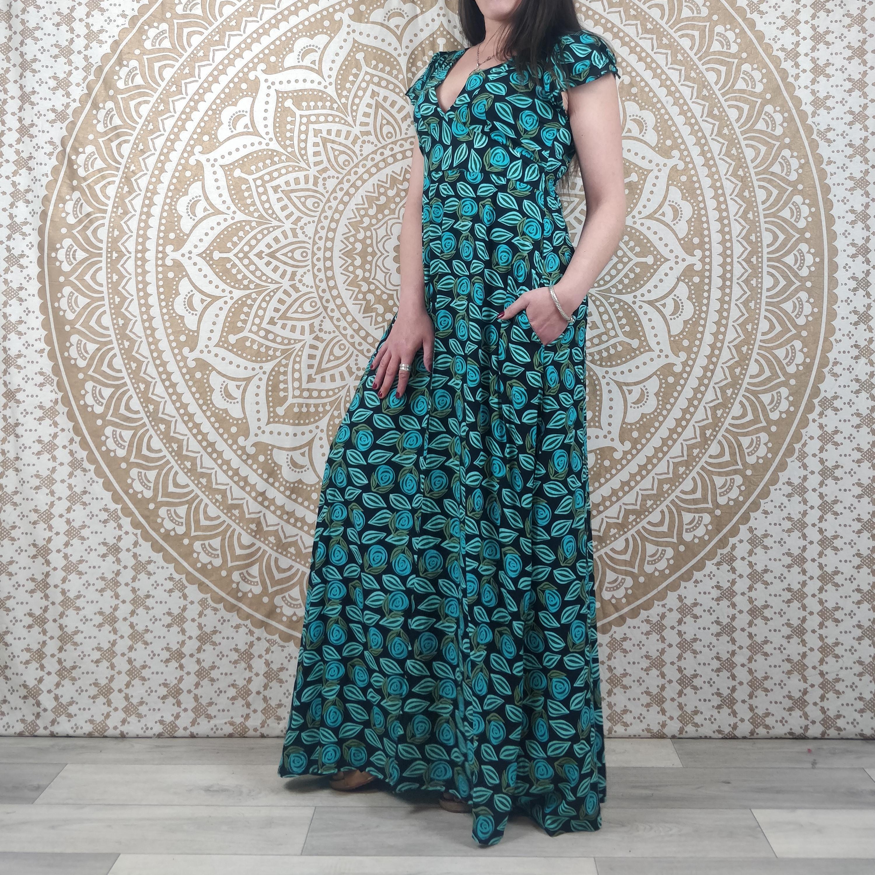 Buy Indra Maxi Dress. Adjustable, Flared, Short-sleeved Bobeme Dress. Blue  and Black Floral Print. Elastic Waist. Boho. Dress With Pockets. Online in  India - Etsy