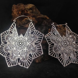 Maxi flower earrings. Very large brass/silver plated brass boho earrings.