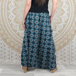 Cotton Haria pants. Harem pants / Adjustable skirt pants with pockets. Turquois geometric print / dark gray, black feathers. image 9