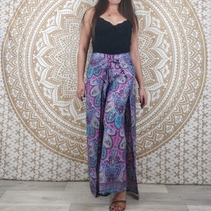 Moyana women's Thai pants in Indian silk. Boho wrap pants. Green, white and gold print / black floral / purple paisley / blue Violet