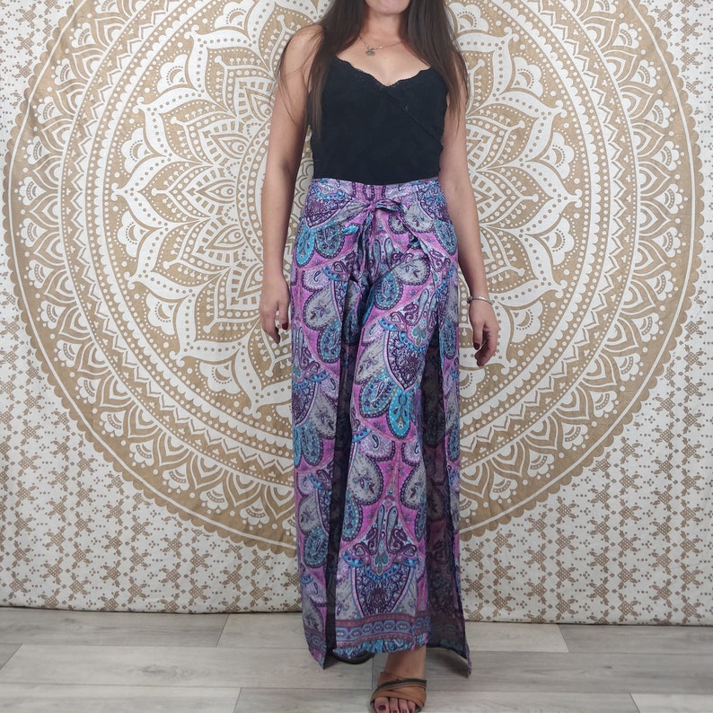 Moyana women's Thai pants in Indian silk. Boho wrap pants. Green, white and gold print / black floral / purple paisley / blue Violet