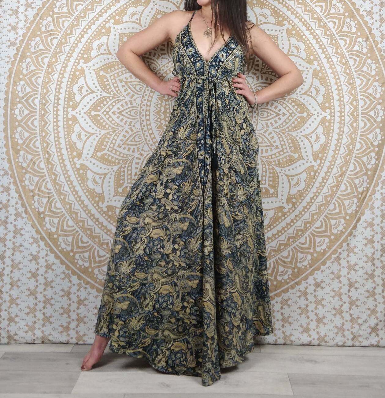 Y2K Maxi Abito Donna Floreale – Stile Boho Con Punto Smock, Schiena Scoperta E Volant, Per Spiaggia E Estate