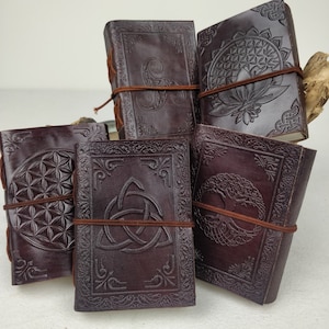 Leather journal with recycled paper (12.5 cm x 9 cm). Journal, notebook, sketchbook. Tree of Life, Ohm, Triksel, Lotus, Owls, Flower.