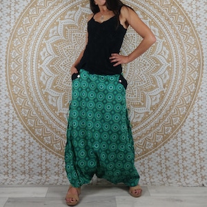 Cotton Haria pants. Harem pants / Adjustable skirt pants with pockets. Green/blue/black and red geometric print. image 4